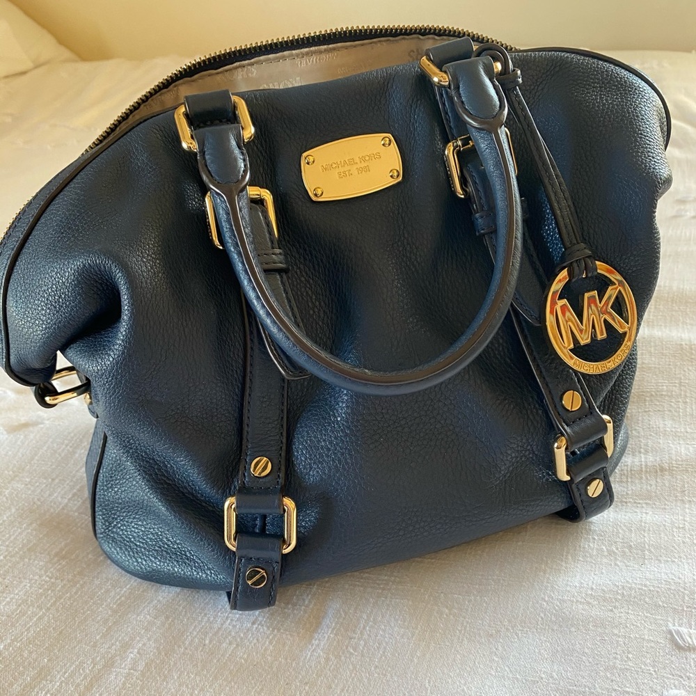Michael Kors Navy Blue and Gold Leather purse